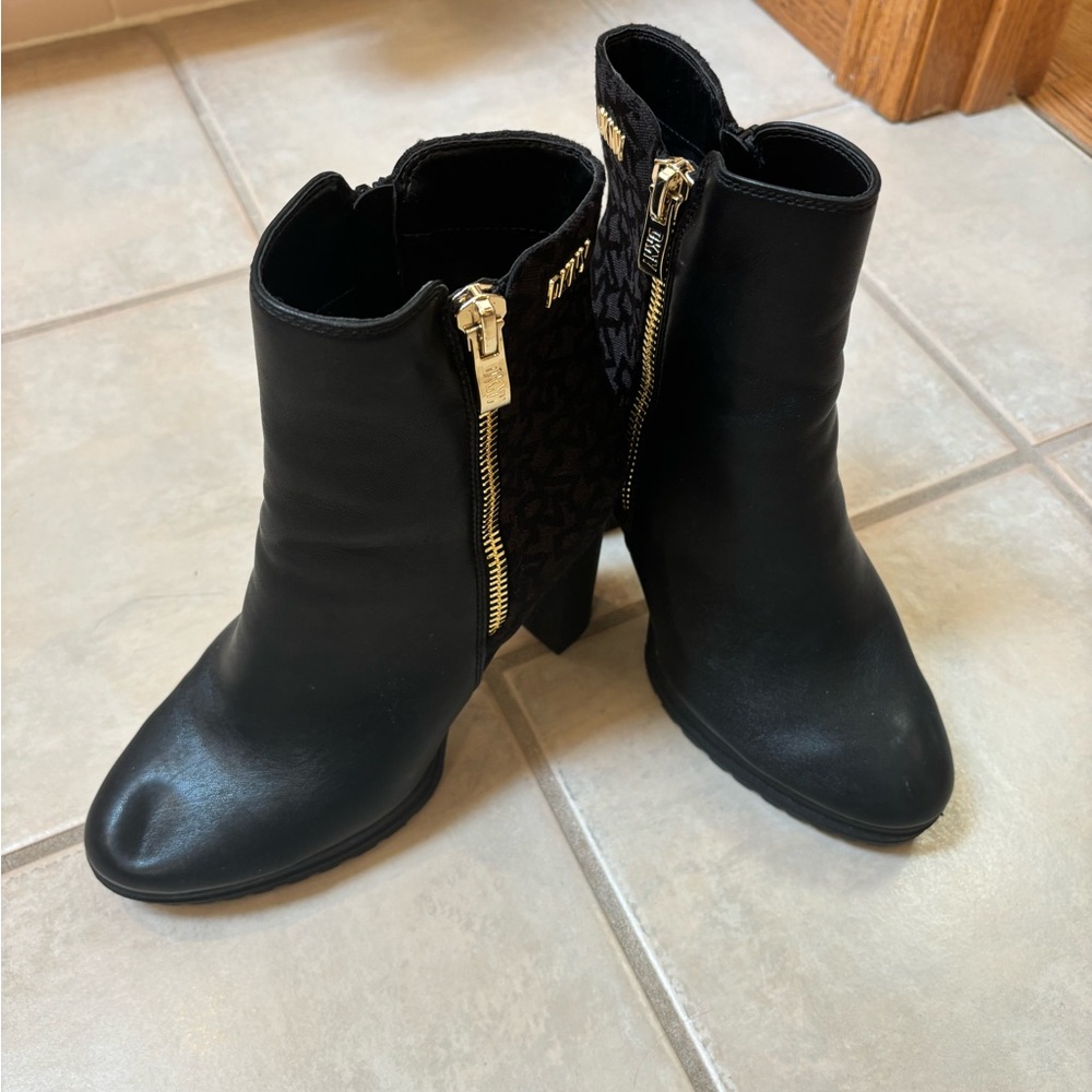 Michael Kors Black and Gold Ankle Booties with Chunky Heel